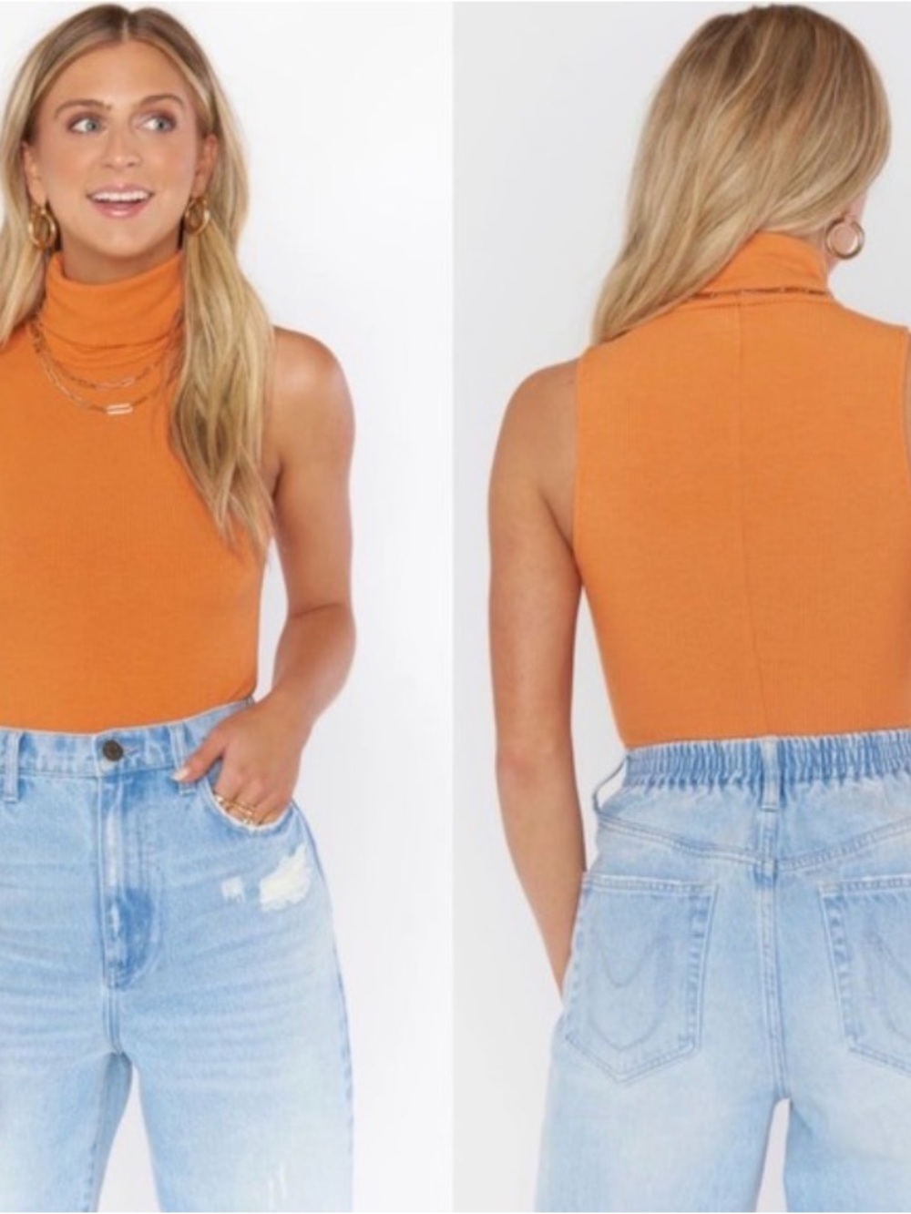 Show Me Your Mumu Sleeveless Turtleneck Bodysuit in Burnt Orange